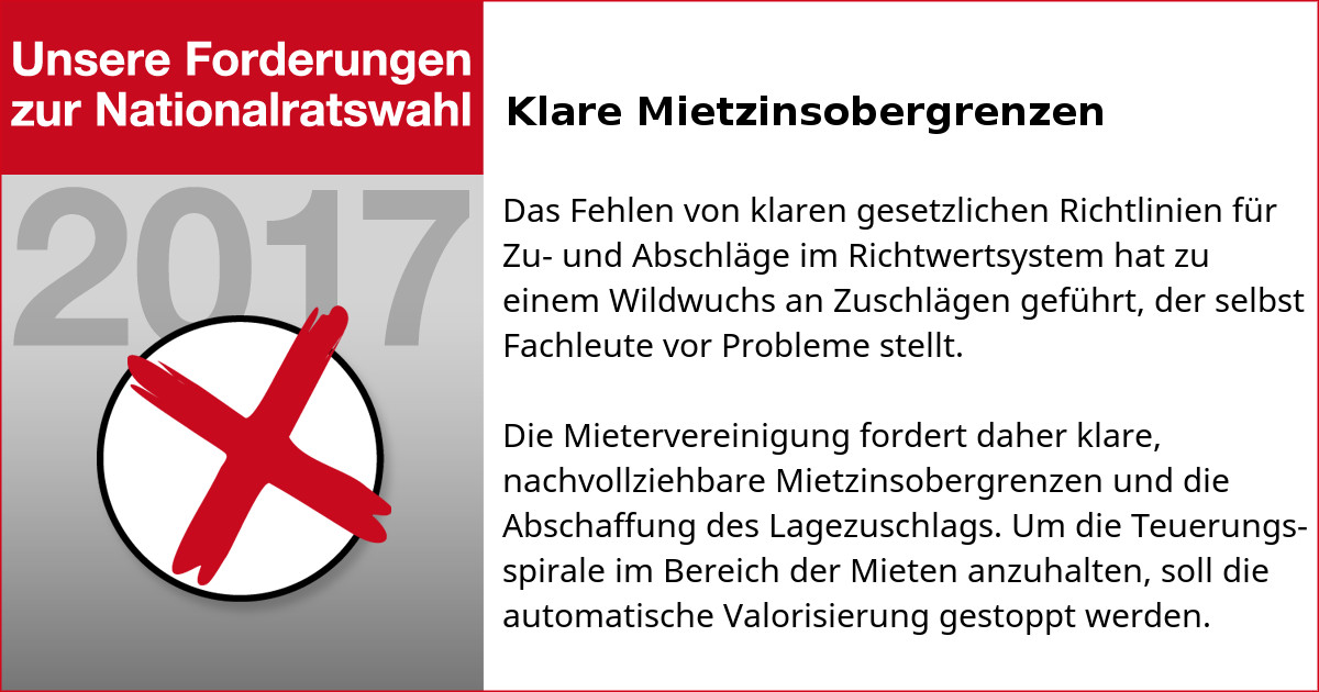 Forderung zur Nationalratswahl 2017: Klare Mietzinsobergrenzen